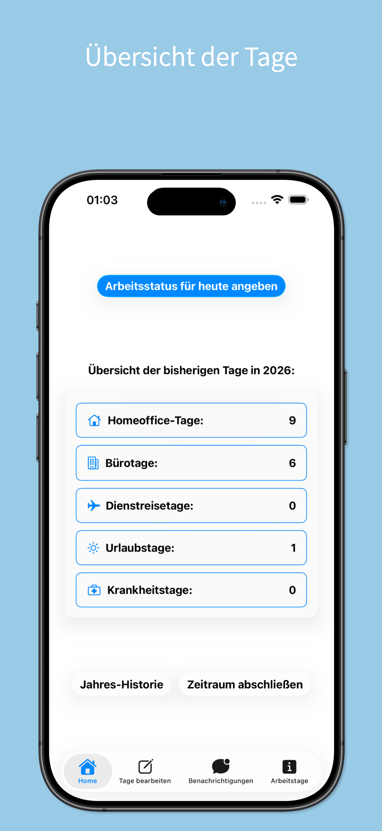 Work Tracker: Übersicht der erfassten Homeoffice-, Büro-, Dienstreise-, Urlaubs- und Krankheitstage
