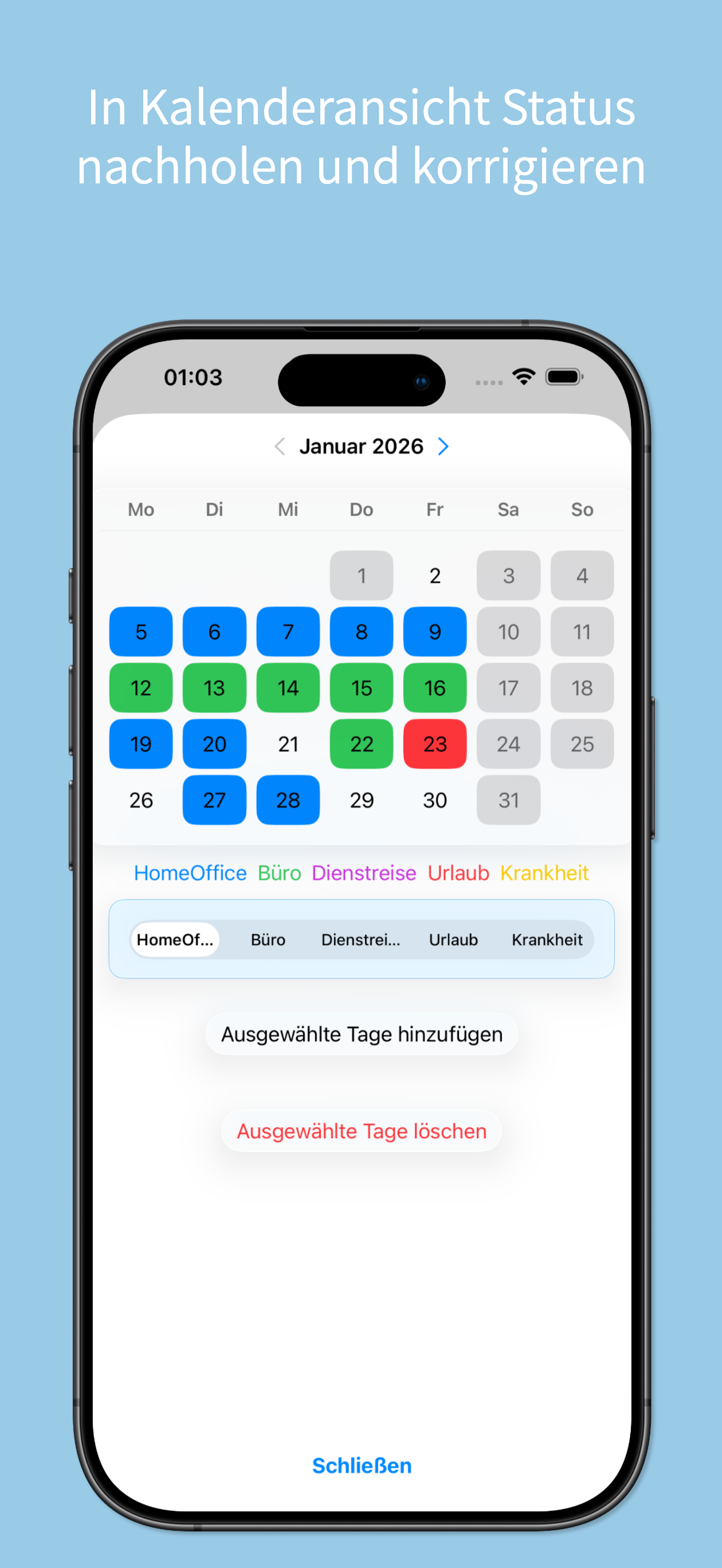 Kalenderansicht in Work Tracker mit farblich markierten Tagen und Auswahl der Kategorie